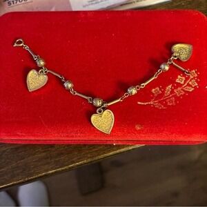 Vintage Gold Tone Charm Bracelet Textured Heart & Bead Charms Mid Century